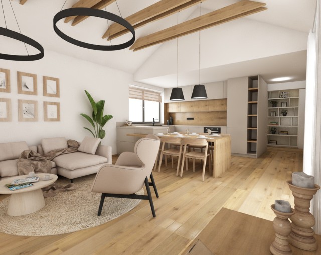 Rodinný dom s návrhom od architekta, svetlé farby v interiéry, kuchyňa spojená s obývačkou